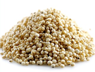 Fototapeta premium Pile of dry, ivory-colored quinoa grains against a bright white background
