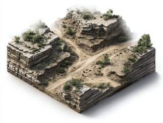 Blueprint-style rendering of an arid canyon with stratified rock layers, sparse vegetation, and erosion paths on a clean white background.