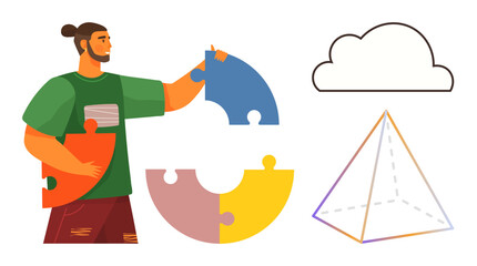Man combining large puzzle pieces, geometric pyramid, and cloud outline suggest creativity, teamwork, and abstract thinking. Ideal for education, strategy, innovation, brainstorming design