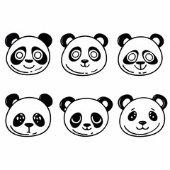 Collection of cute panda faces in cartoon style isolated on white background