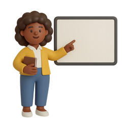 3D Cartoon African Female Teacher Pointing to Screen &ndash; Educational Character Illustration