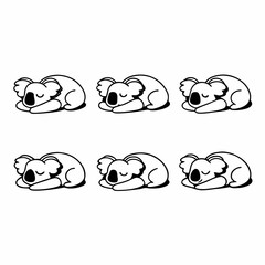 Illustration of six cute sleeping koala bears isolated on white background in cartoon style