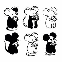 Illustration of six cute mice holding cheese isolated on white background in cartoon style