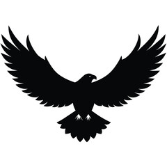 A powerful eagle in flight, with its magnificent wings spread, is a striking black silhouette vector illustration against a stark white background