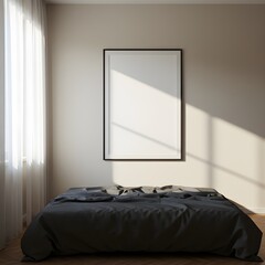 Minimalist Bedroom Interior with Sunlight on Blank Poster Frame Above Bed.