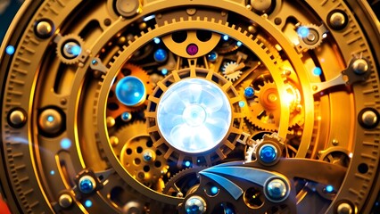 Intricate Clockwork Mechanism with a Glowing Blue Energy Core and Gold Accents