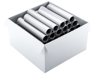 White box filled with cylindrical metal pipes