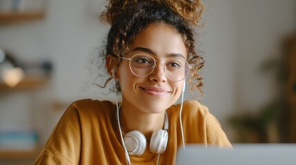 Medium shot of a student smiling during a video call class on a laptop room softly blurred to emphasize connection in online education.