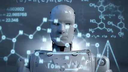 Intelligent Robot Engrossed in Mathematical and Scientific Equations - Powered by Adobe
