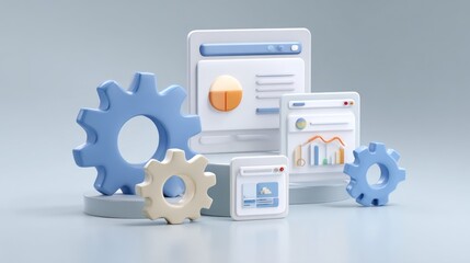3D rendered web icons and gears on light-grey pedestals