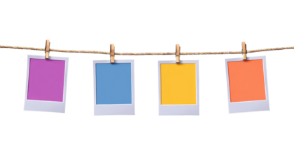 Four Instant Photo Frames Hanging on Rope isolated on transparent background Remove png, Clipping Path, pen tool