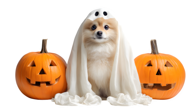Adorable Pomeranian dog dressed as a cute ghost with spooky jack-o'-lanterns for Halloween fun  isolated on white background