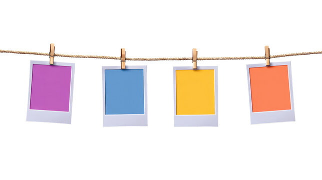 Four Instant Photo Frames Hanging on Rope isolated on transparent background Remove png, Clipping Path, pen tool
