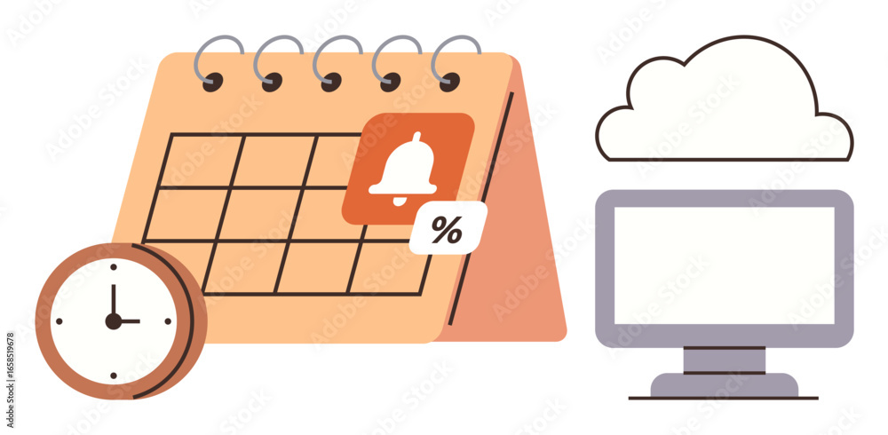 Poster calendar with notification alert and clock paired with cloud storage and desktop monitor. ideal for 