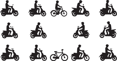 Set of vector silhouette illustrations of people on bicycles in various sports, including cycling, motocross,