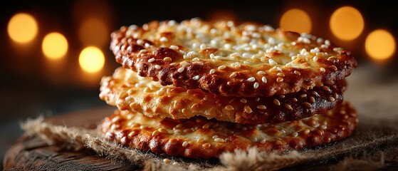 Crispy sesame cookies stacked on a wooden surface