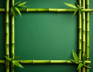 Green bamboo stalks form a frame on a dark green background