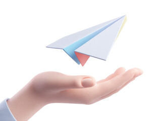 A cartoon hand holds a paper airplane