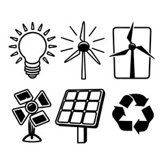 Illustration of renewable energy sources including solar panel, wind turbine, light bulb isolated on white background
