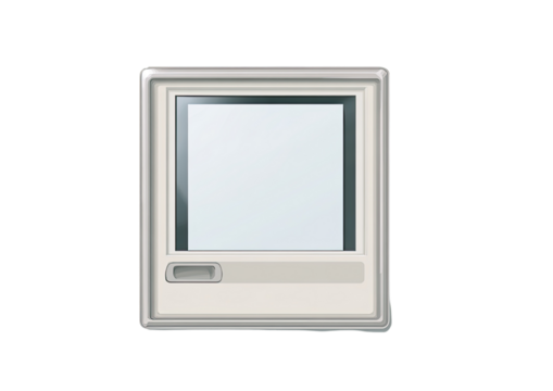 Square beige electrical panel with a blank white display.  A simple, rectangular, light beige box with a framed, blank white screen in the center.  A small button is visible on the lower portion