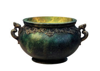 Ancient cauldron, dark green, glowing inner fire. Ornate handles and rim