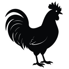 A cartoon drawing of a black rooster on a white background with a beak, feathers, and a wing