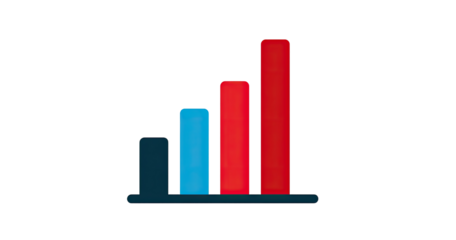 Colorful, pixelated bar graph icon on a black background.  Bright red, teal, and dark blue bars ascend, outlined in a darker shade.  The bars are thick and appear three-dimensional