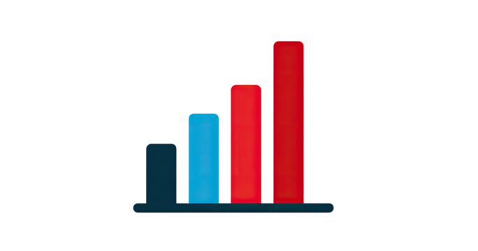 Colorful, pixelated bar graph icon on a black background.  Bright red, teal, and dark blue bars ascend, outlined in a darker shade.  The bars are thick and appear three-dimensional