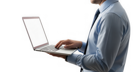 Business professional typing on a laptop computer during a workday focused on technology and productivity transparent background
