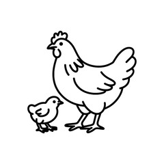 Fototapeta premium Hen and Chick: Simple Black Line Art Illustration