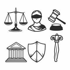 Black and white illustration of justice symbols isolated on white background