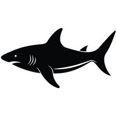 A stylized vector illustration of a dangerous blue shark swimming with a fin, isolated on a clean white background