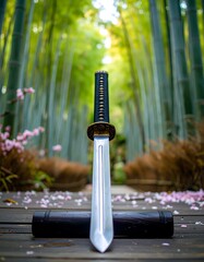 Japanese sword in bamboo forest