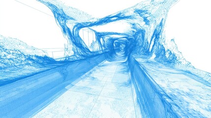 Blueprint-style rendering of a canyon wind tunnel with airflow dynamics and erosion zones, isolated on a clean white background.