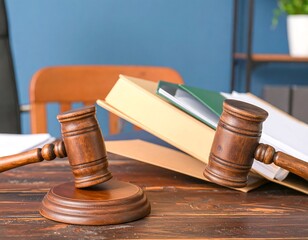 Judge's gavel and legal documents on wooden desk