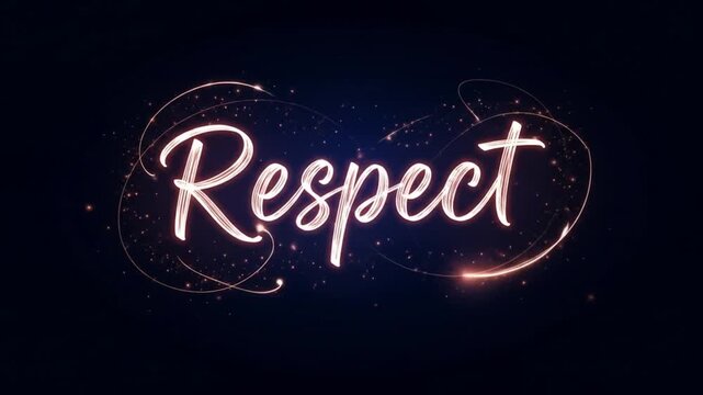 Animated word respect with glowing light effects and sparkling particles background loop animation