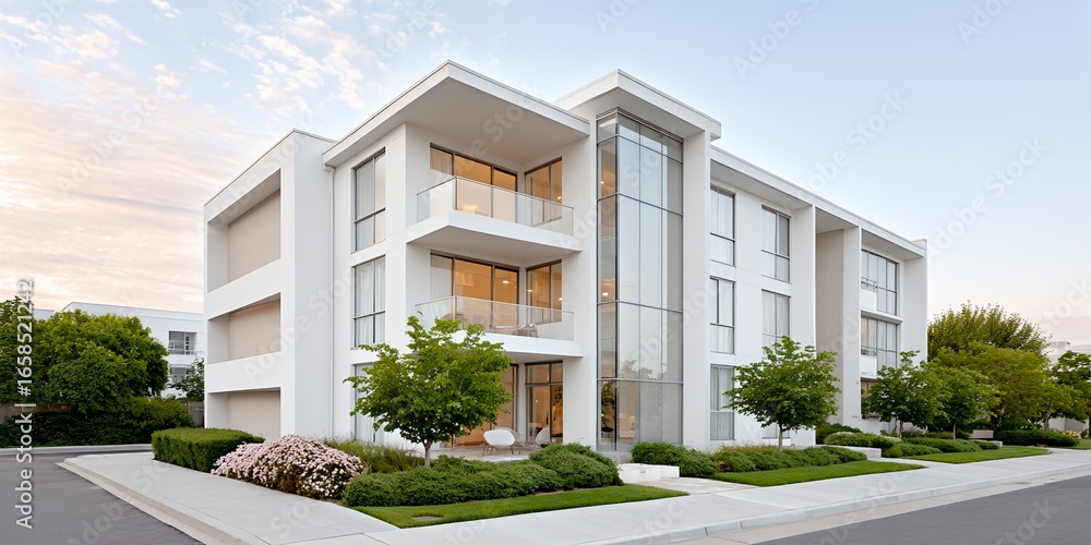 Poster large white building with a balcony and a tree in front of it.