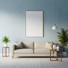 Minimalist Living Room Interior with Beige Sofa Blank Wall and Plants.