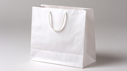 Plain white paper shopping bag with rope handles on a neutral surface