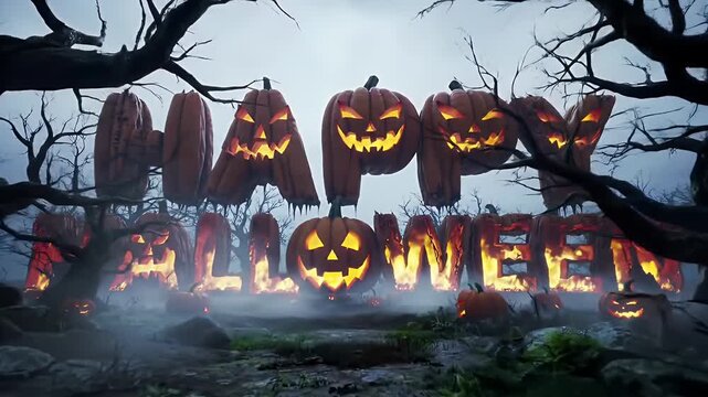 Halloween, Jack-o-lantern, Pumpkin, Carved pumpkin, Spooky, Eerie, Haunted, Night, Fog, Mist, Twisted trees, Bare branches, Scary, Creepy, Horror, Atmosphere, Dark, Mystical, Fantasy, Celebration, Hol