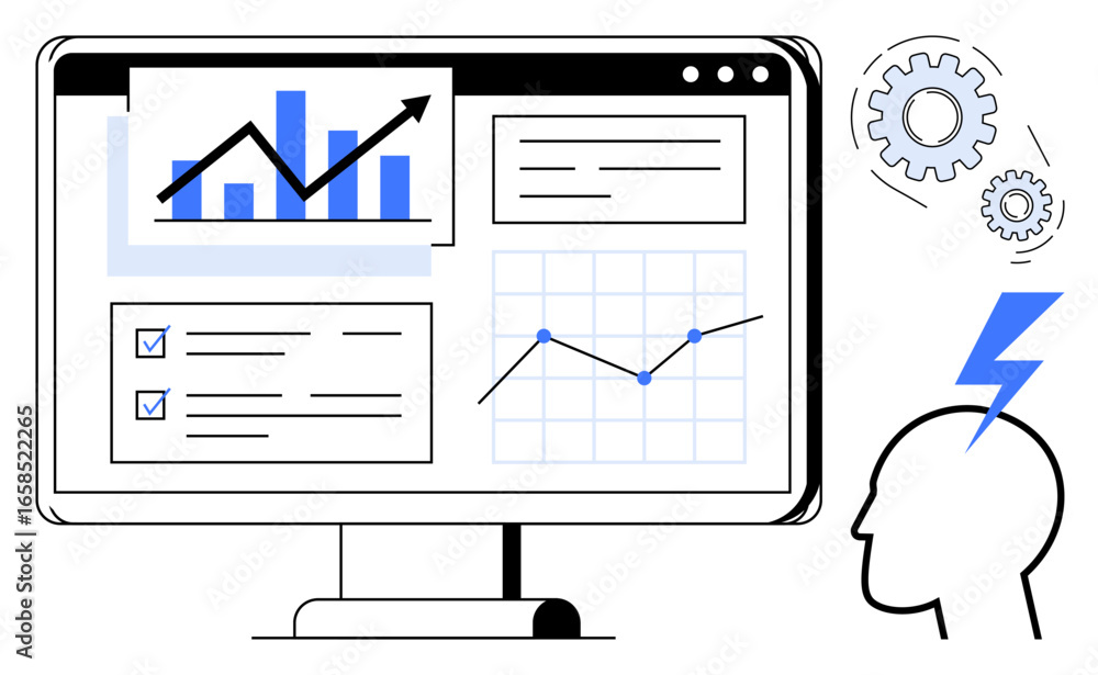 Poster monitor with bar and line charts, report widgets, checklist, gears, profile with lightning bolt. ide