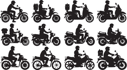 Retro bicycle and motorcycle vector illustrations, silhouettes of people on a bike, and other vintage transportation icons