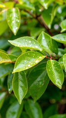 Lush green leaves covered in dew drops