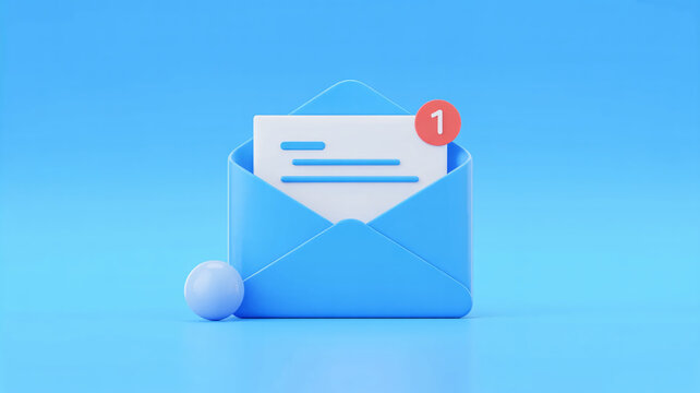 New email notification, vibrant blue envelope with one unread message and modern design