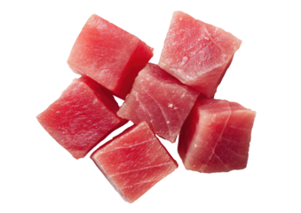 Fresh, diced tuna cubes, top view