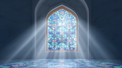 Window with a blue stained glass design.