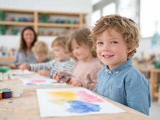 Boy is sitting at a table with other children.