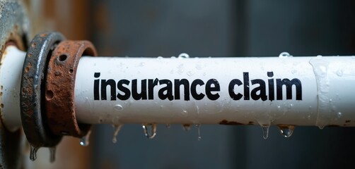 White pipe with black text reads insurance claim shows dripping water. Rusted joints suggest plumbing failures. Leaking water indicates repair costs, home damage. Banner signifies insurance coverage.