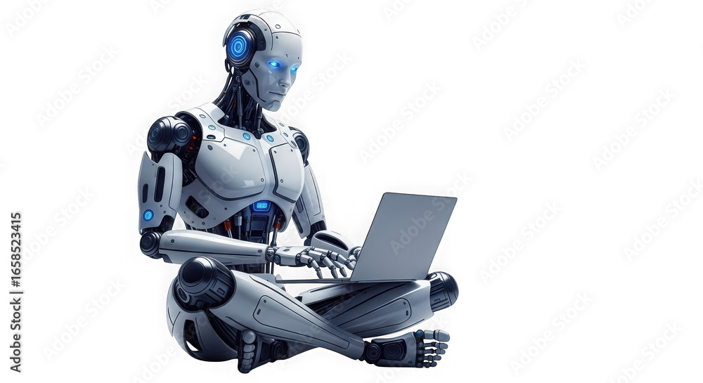 Poster futuristic robot collaborating on a laptop demonstrating advanced technology and ai transparent back