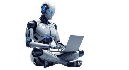 Futuristic robot collaborating on a laptop demonstrating advanced technology and ai transparent background
